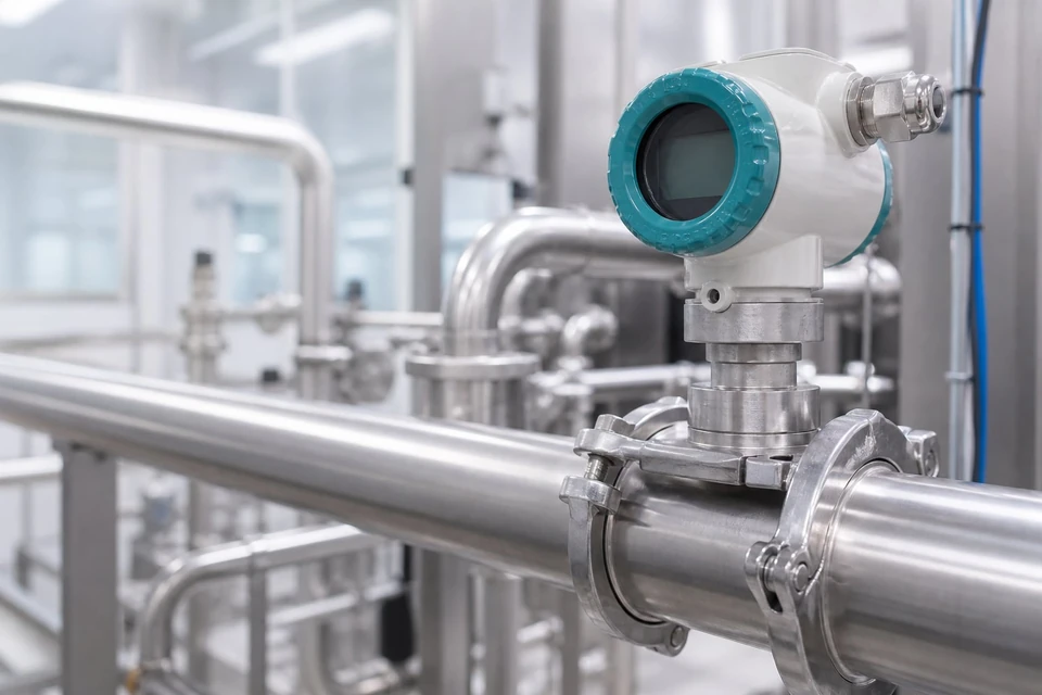 Drucktransmitter mit bündiger Membran in einer hygienischen Edelstahl-Prozessleitung installiert