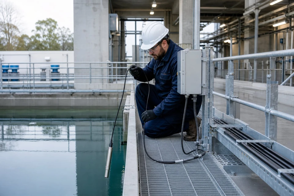 Messtechniker bei der Inbetriebnahme eines hydrostatischen Füllstandtransmitters an einem Wassertank