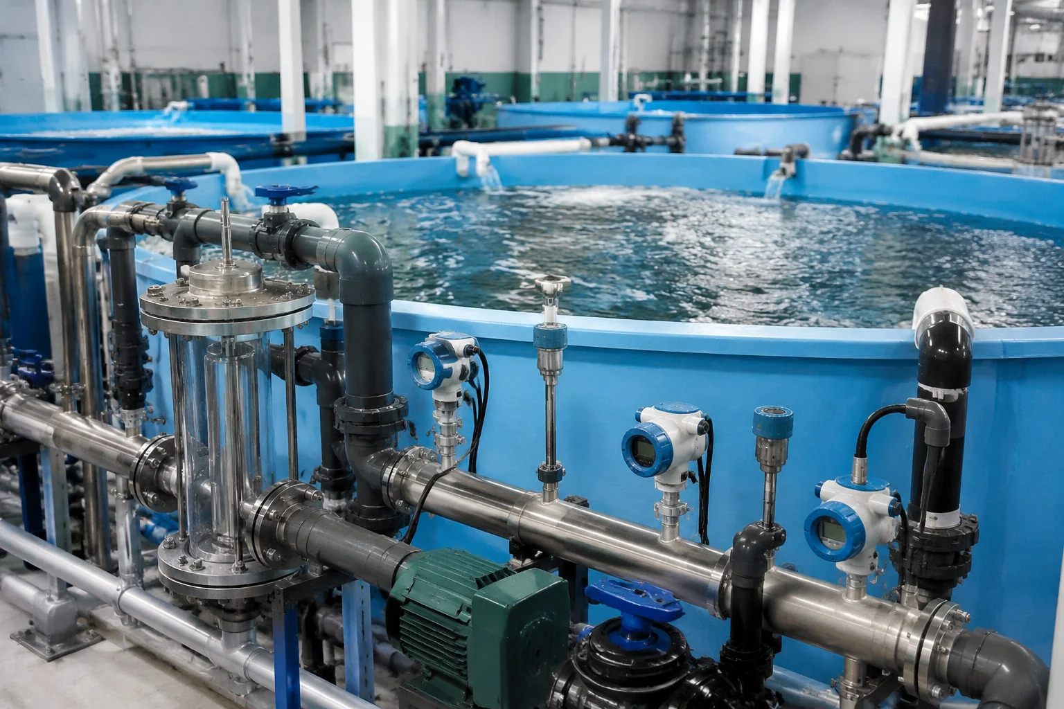 Überwachung von Wasserdruck und -temperatur in einer Kreislauf-Aquakulturanlage