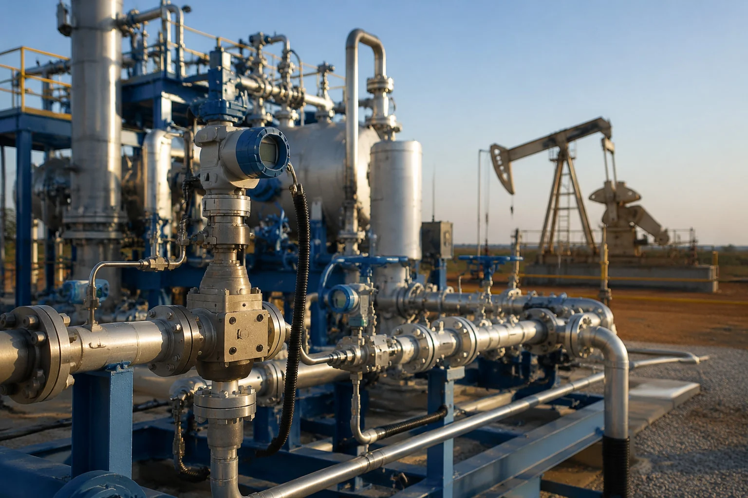 Druck- und Temperaturmesstechnik installiert an einem Pipelineverteiler für Öl und Gas