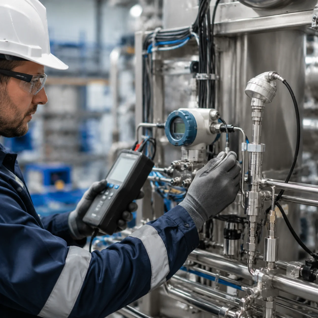Ingenieur für Messtechnik bei der Inbetriebnahme eines Transmitters auf einem industriellen Prozess-Skid