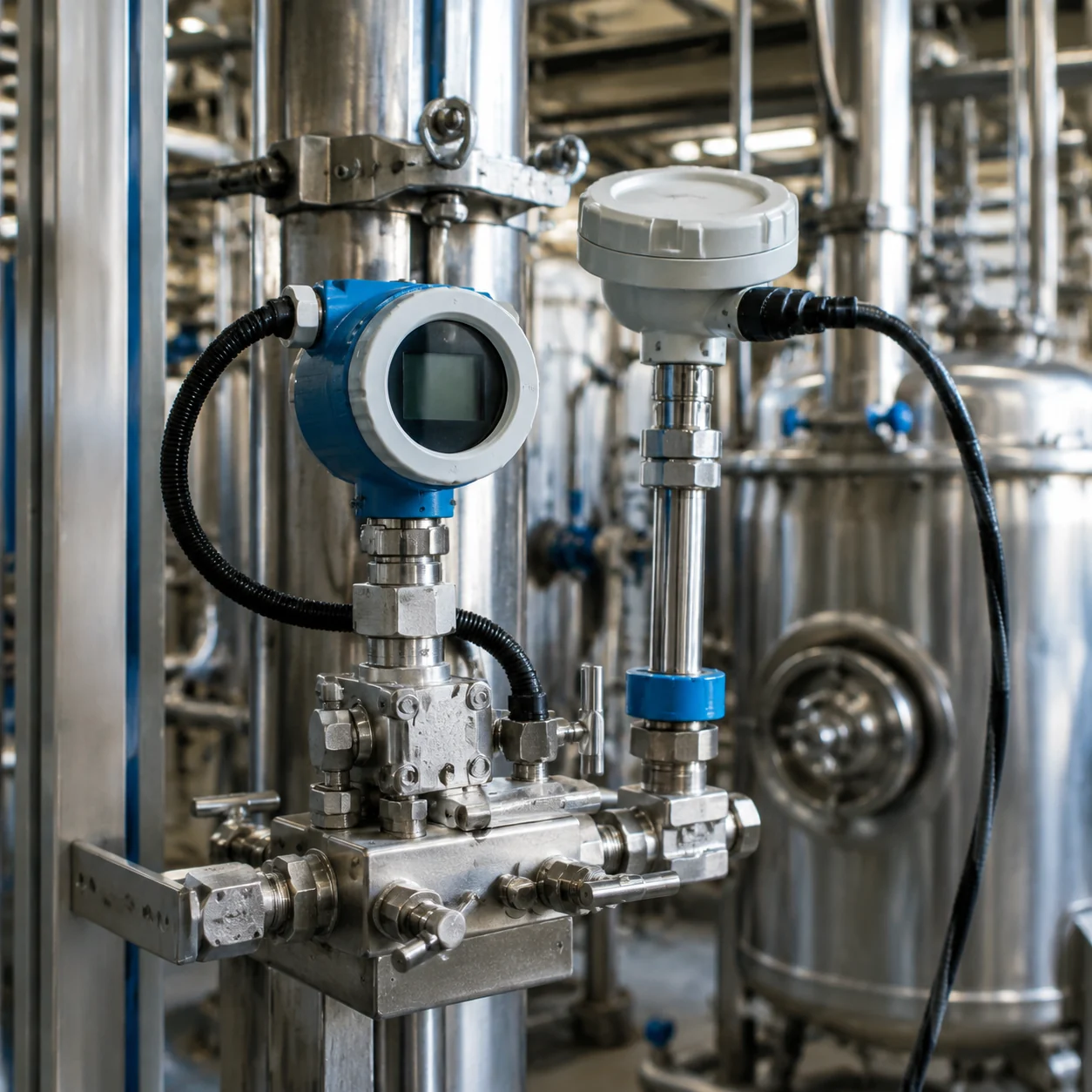 Temperatur- und Druckinstrumente installiert auf einem Prozessmessverteiler aus Edelstahl