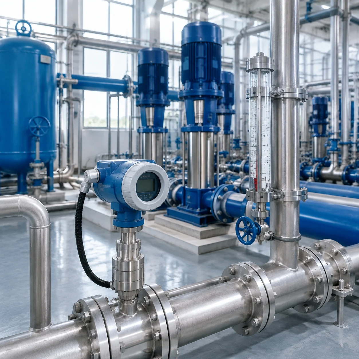 Druck- und Füllstandsmesstechnik installiert in einer modernen Pumpstation zur Wasseraufbereitung